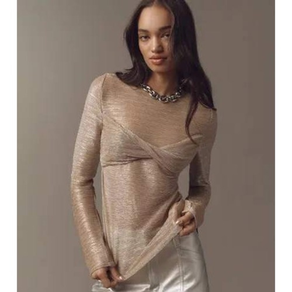 Anthropologie Top Women XL Gold Twisted Knot Metallic Long Sleeve Shimmer Sable - Picture 3 of 10